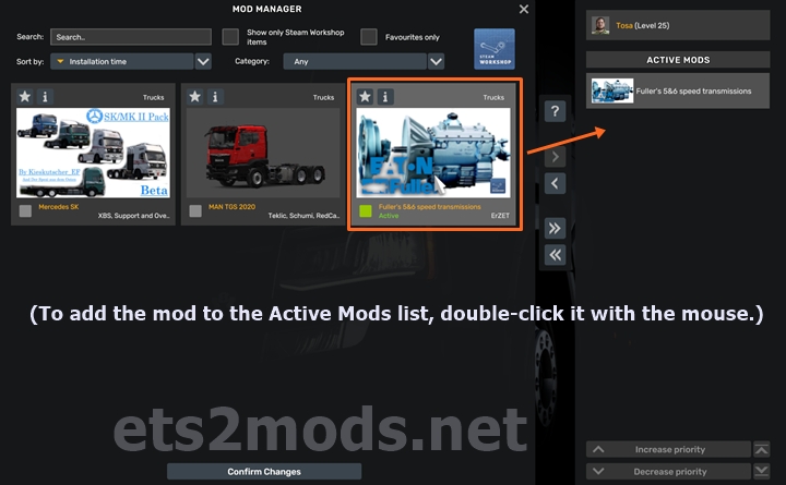 ETS2 Active Mods Screen